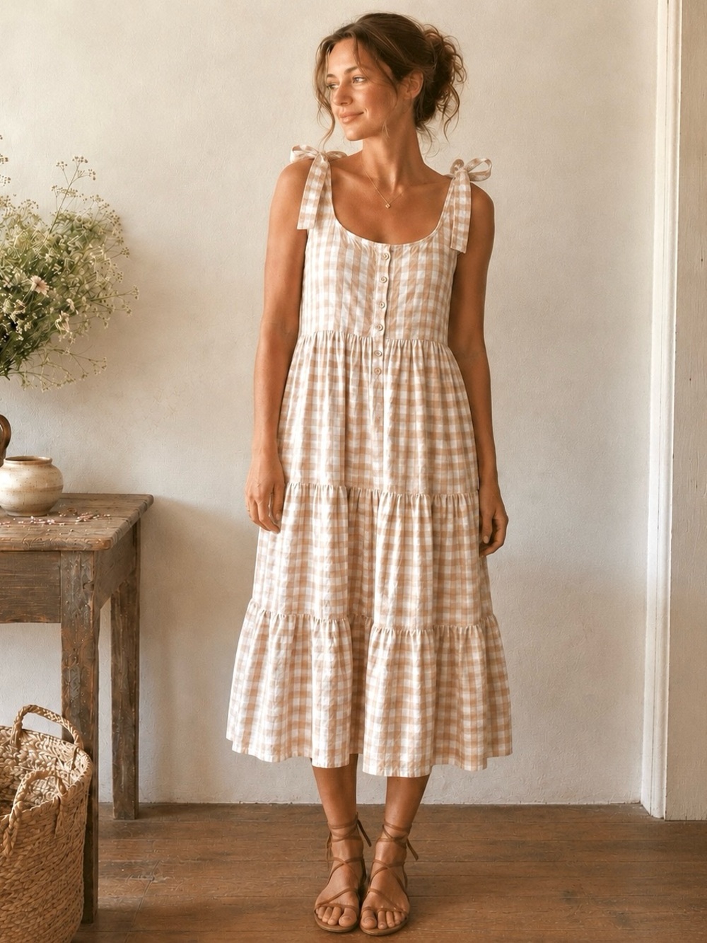 Little Cottonwood Magnolia Dress Large LCW Tie-Shoulder Gingham Midi Beige White